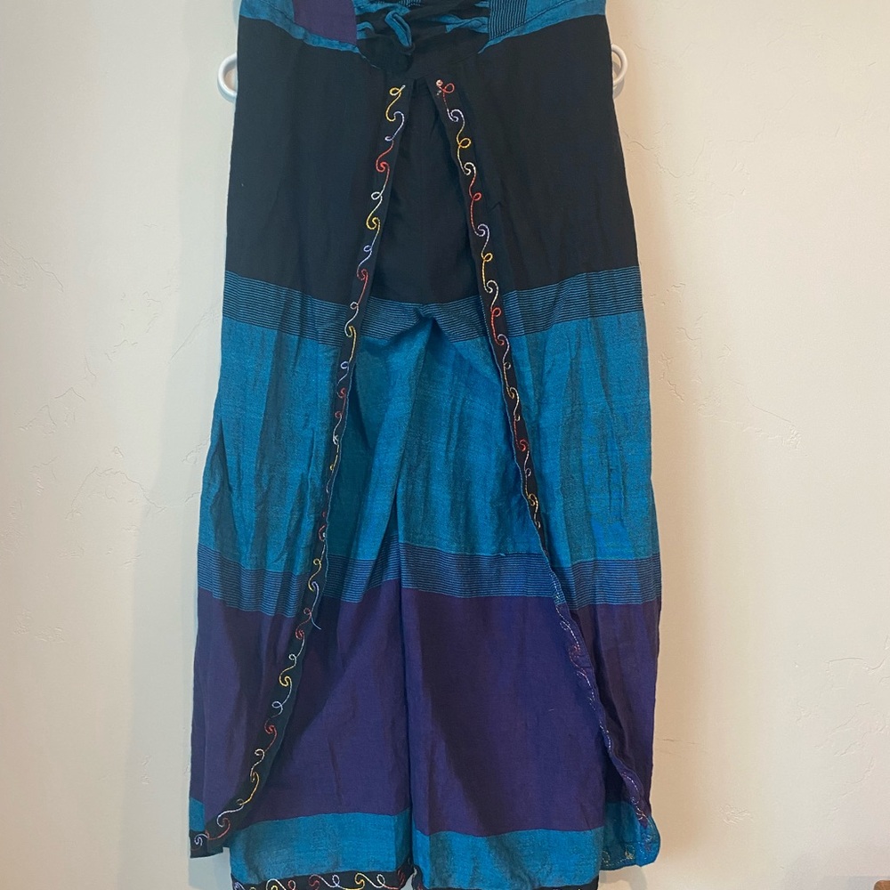 Bohemian Wide Leg Harem Pants Embroidered Blue Black Purple Adjustable Waist